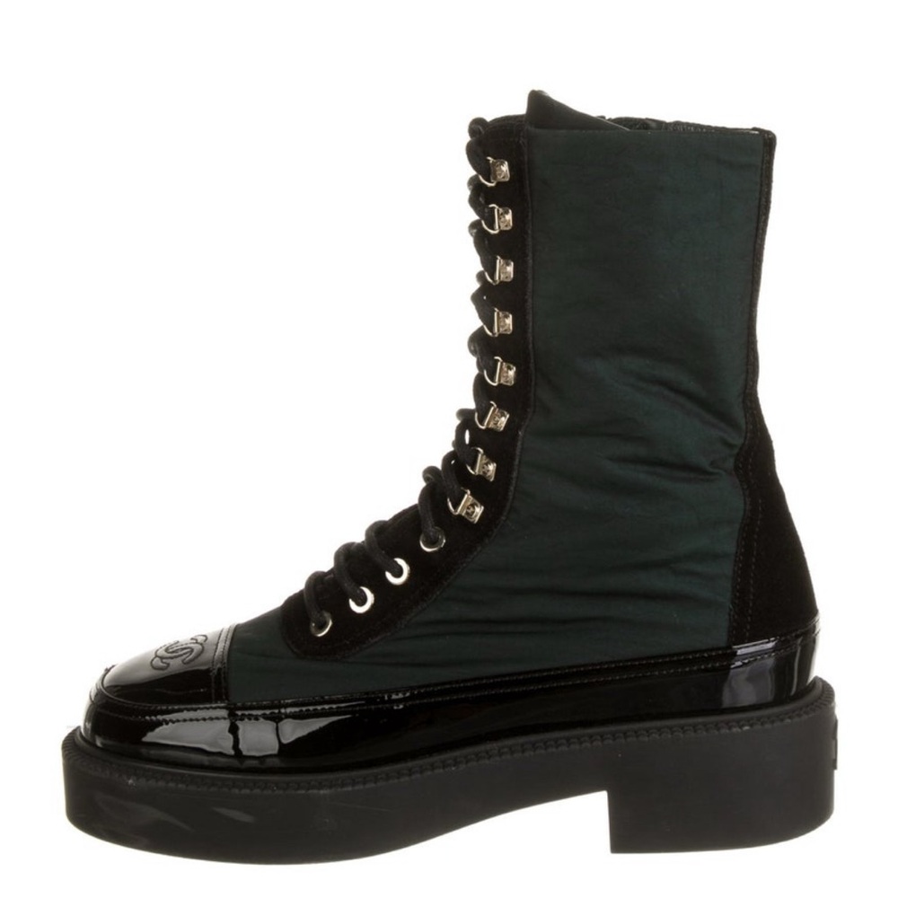 SOLD! CHANEL Black and Green Combat Boots